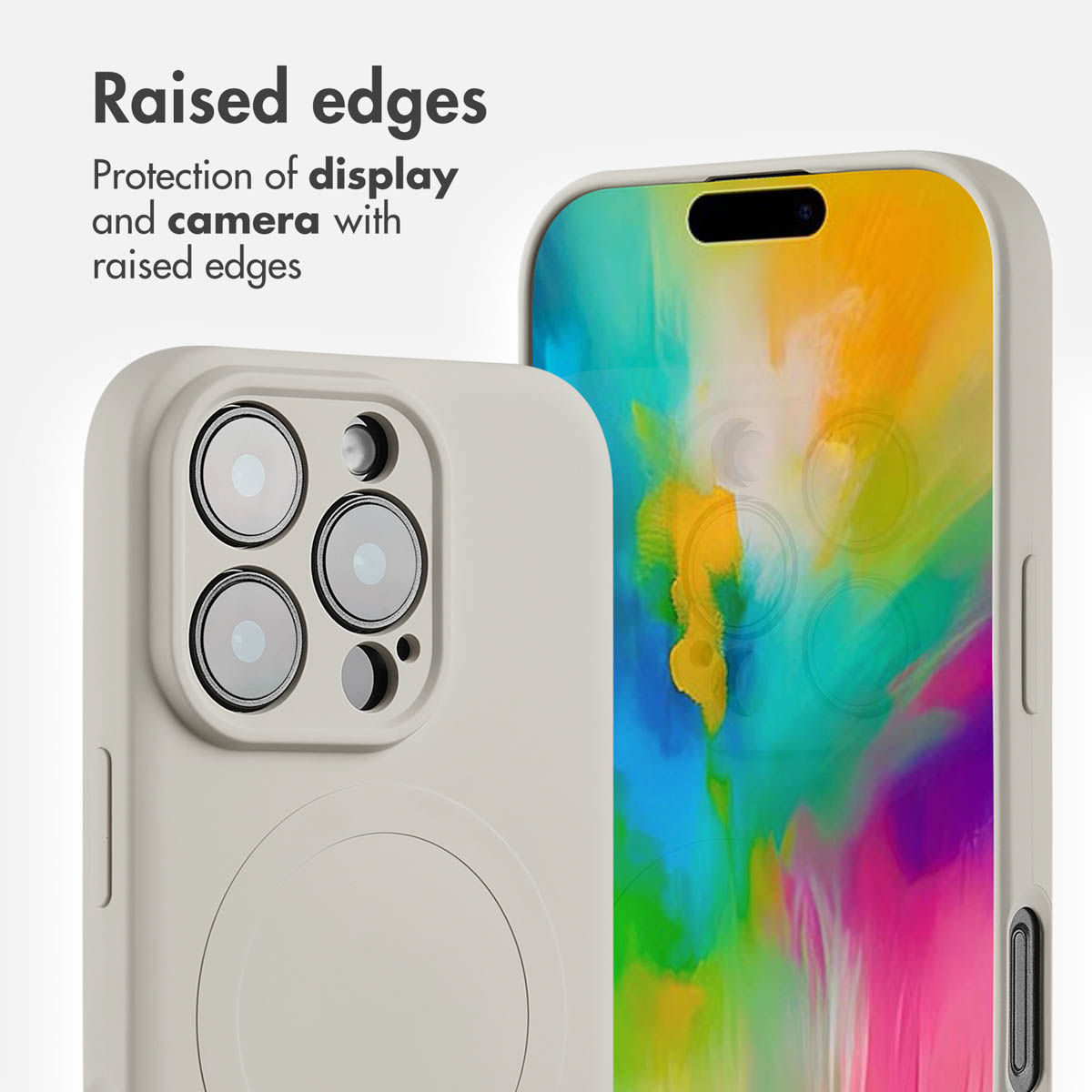 Coque de téléphone gris clair avec bords surélevés pour protéger l'écran et l'appareil photo.