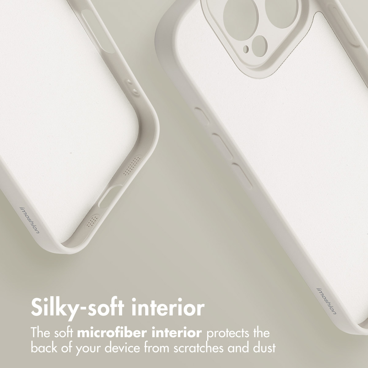 Deux coques de téléphone gris clair sur fond uni avec texte sur intérieur doux.