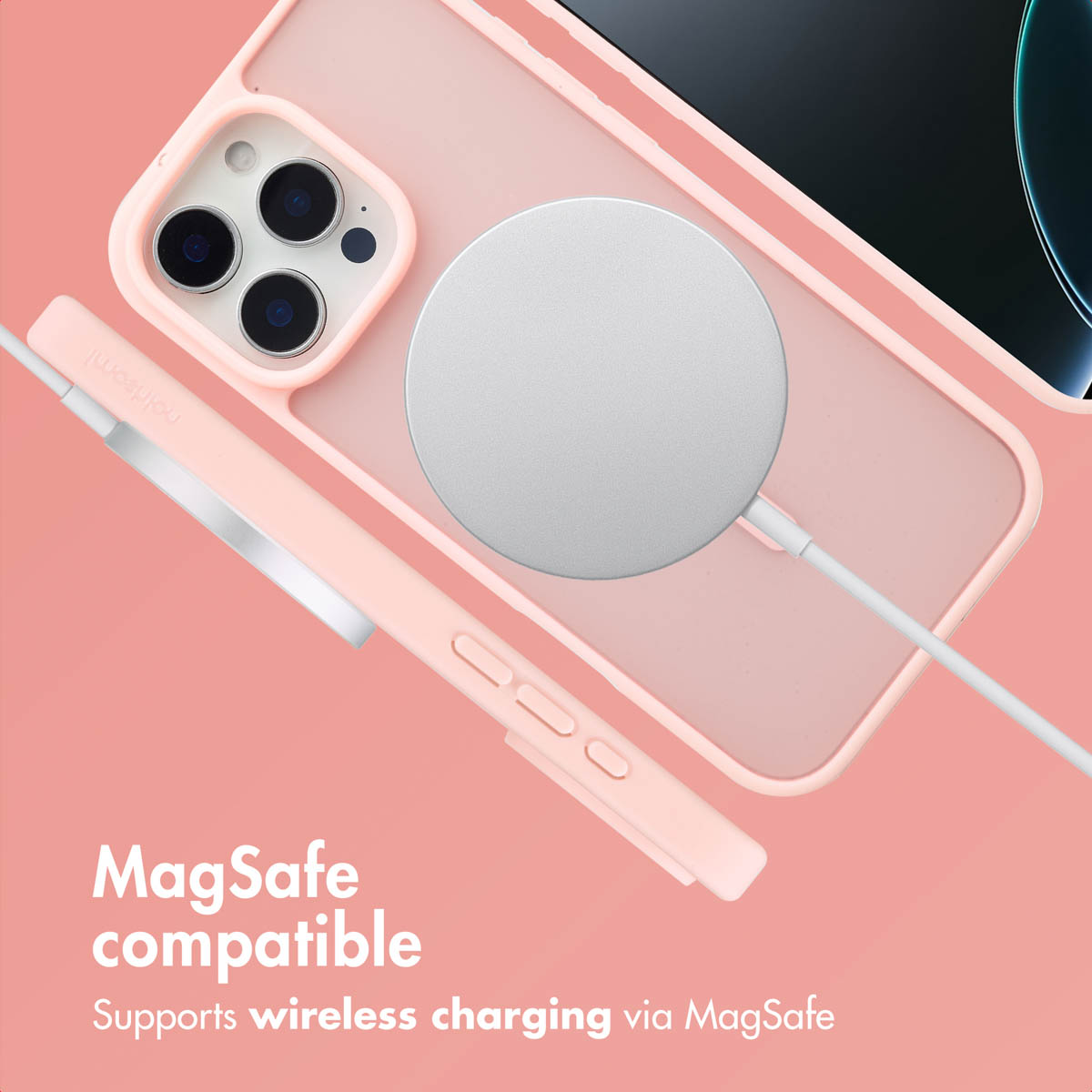 Un iPhone rosa in una custodia protettiva con caricatore MagSafe su sfondo rosa.