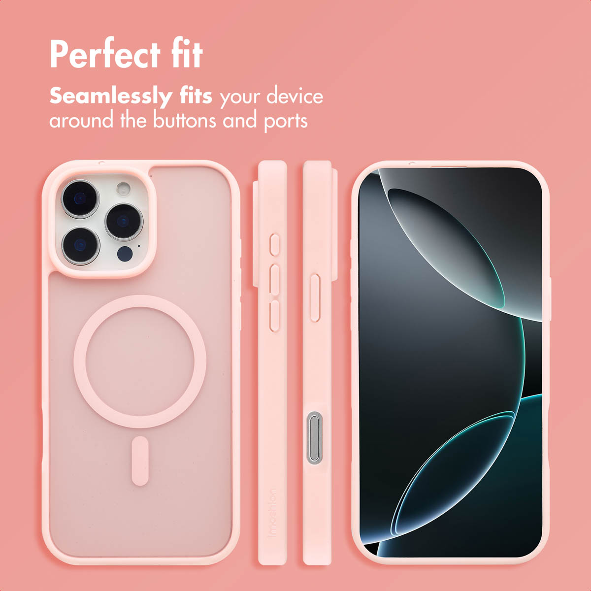 Custodia rosa per iPhone con MagSafe mostrata da varie angolazioni su sfondo rosa.
