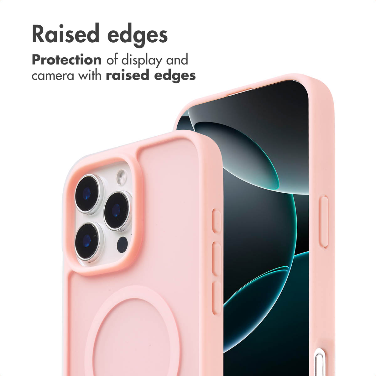 Custodia per telefono rosa con bordi rialzati per proteggere display e fotocamera.