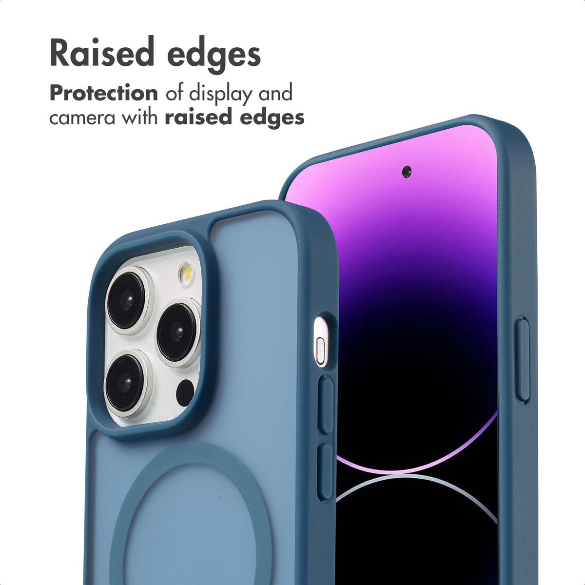Uno smartphone blu in custodia protettiva evidenzia i bordi rialzati per display e fotocamera.