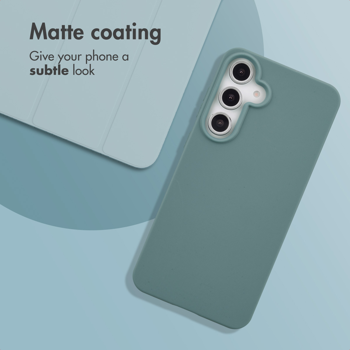 A light blue smartphone in a matte green case next to a matching case, with the text Matte coating.