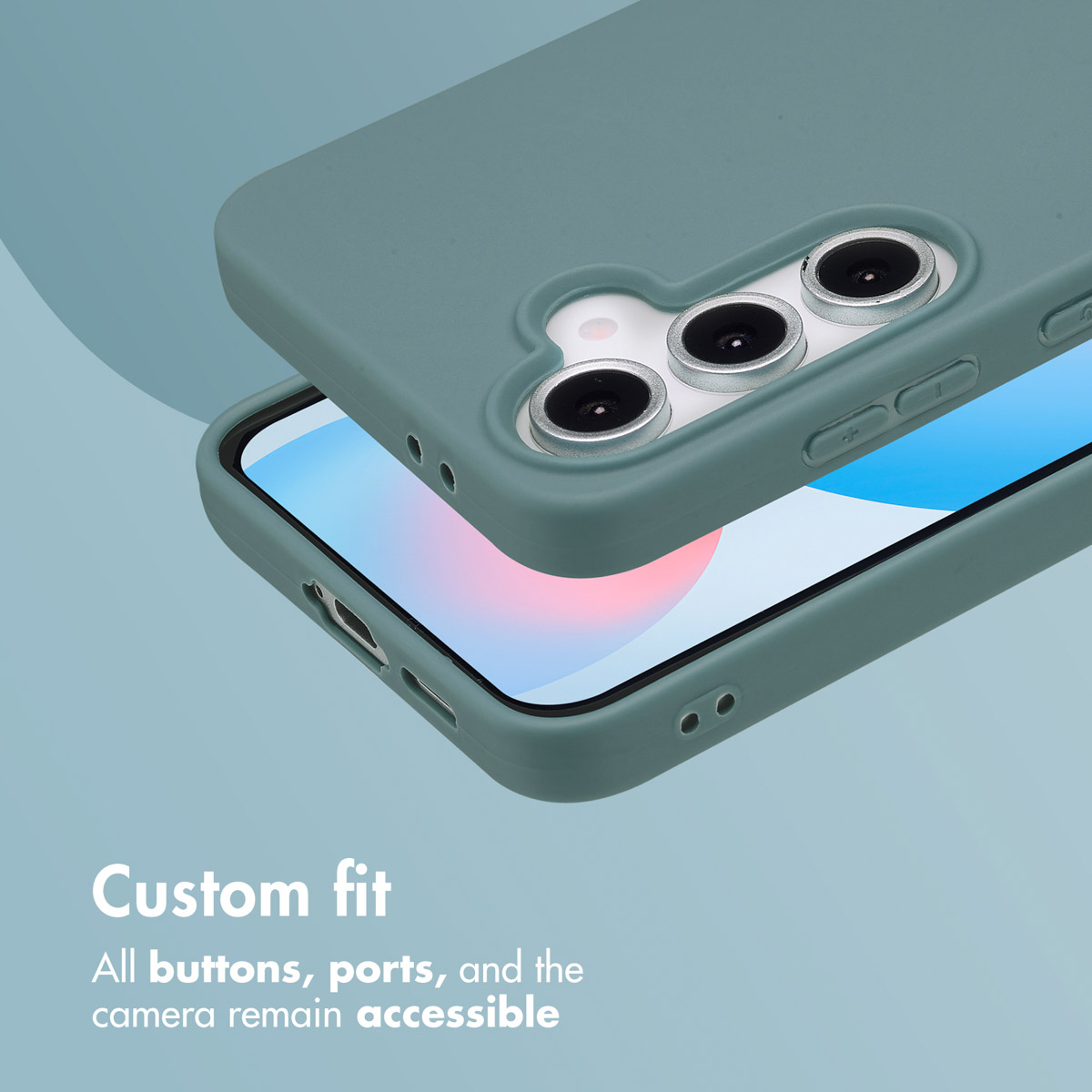 Green smartphone in a matching silicone case showing three camera lenses and buttons.