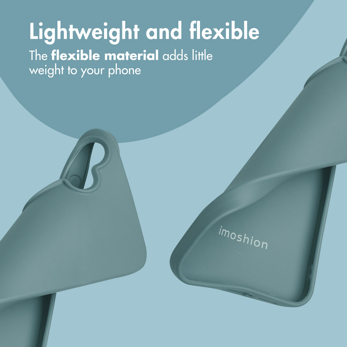 Two flexible blue phone cases against a light blue background with text.
