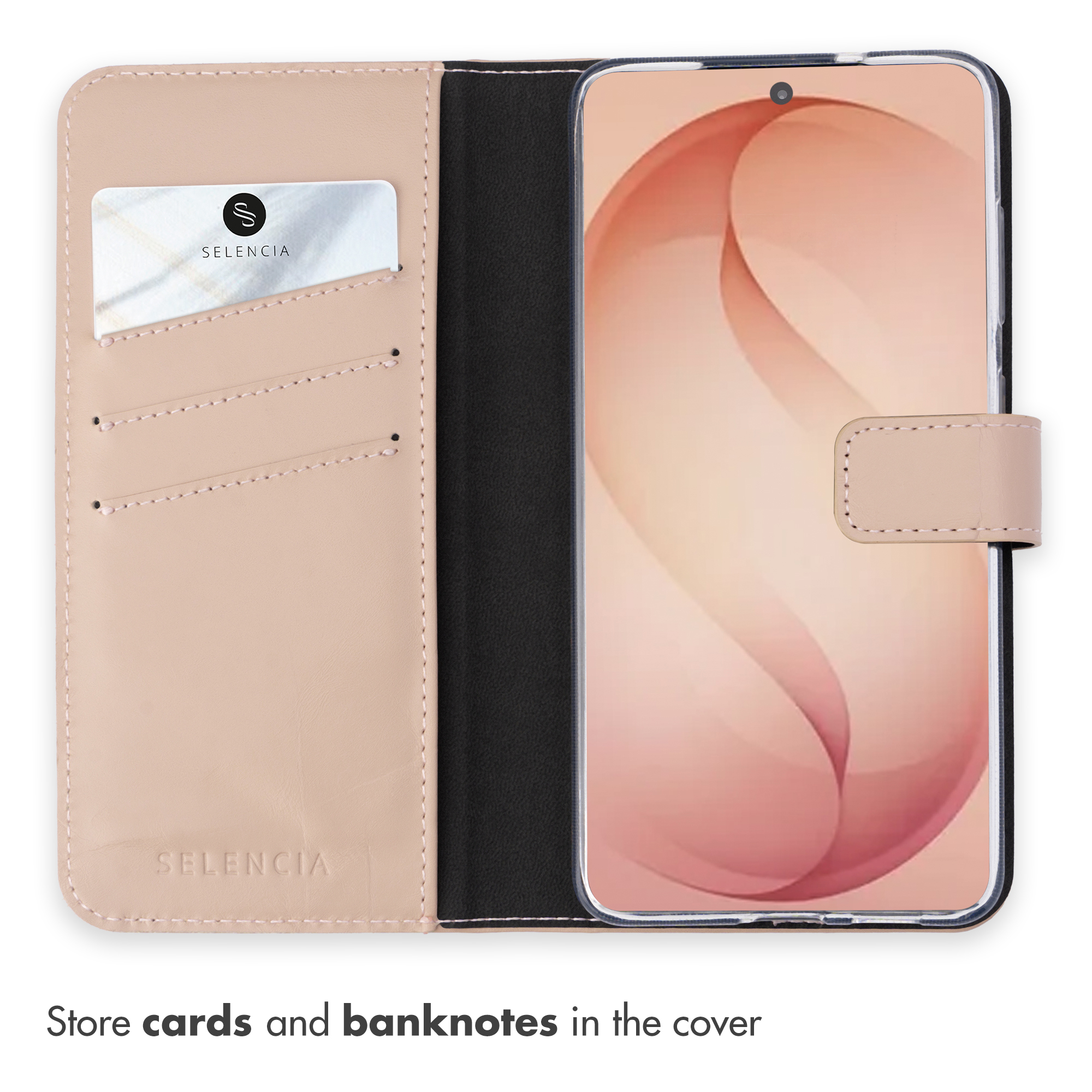 Custodia per telefono rosa a portafoglio con tasche per carte e uno smartphone.