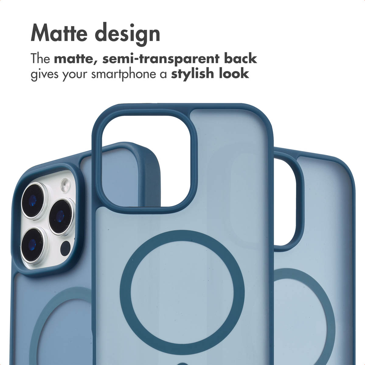 Tres fundas de móvil azules y mates con círculos MagSafe.