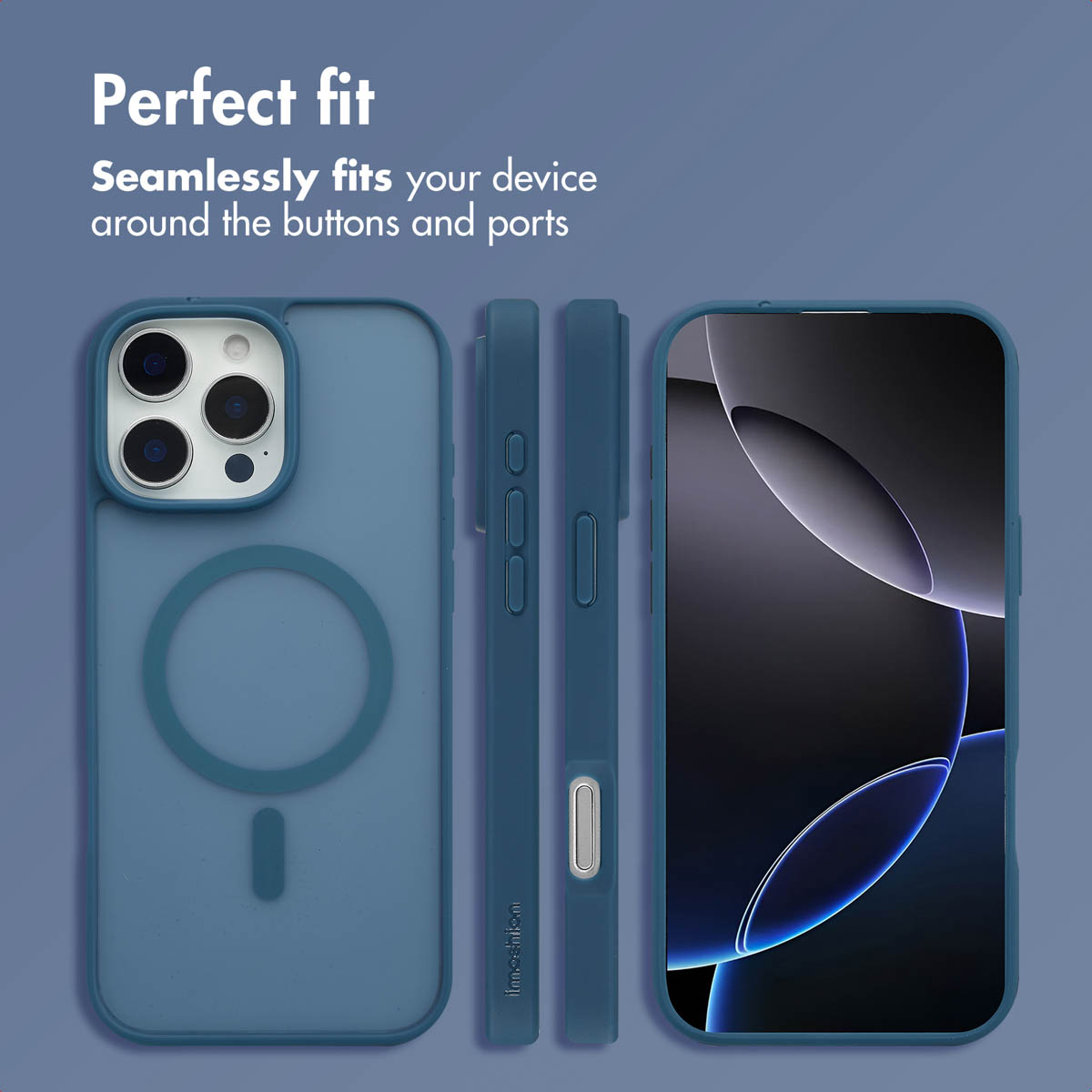 Funda de teléfono azul con círculo MagSafe, vistas laterales y móvil.