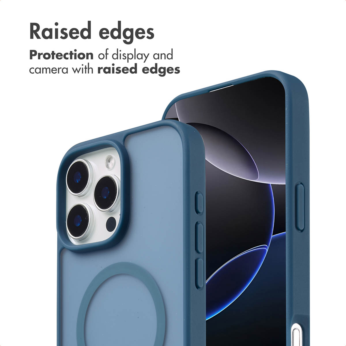 Fundas de móvil azules con bordes elevados para proteger cámara y pantalla.