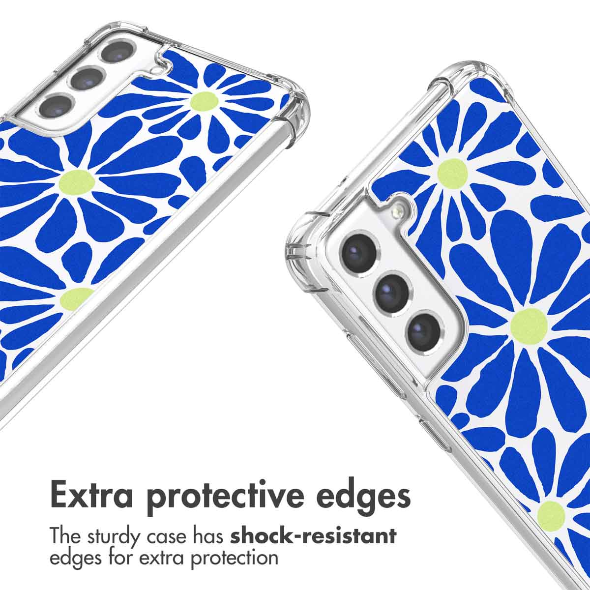 Coque transparente avec motif de marguerites bleues et vertes et coins renforcés.