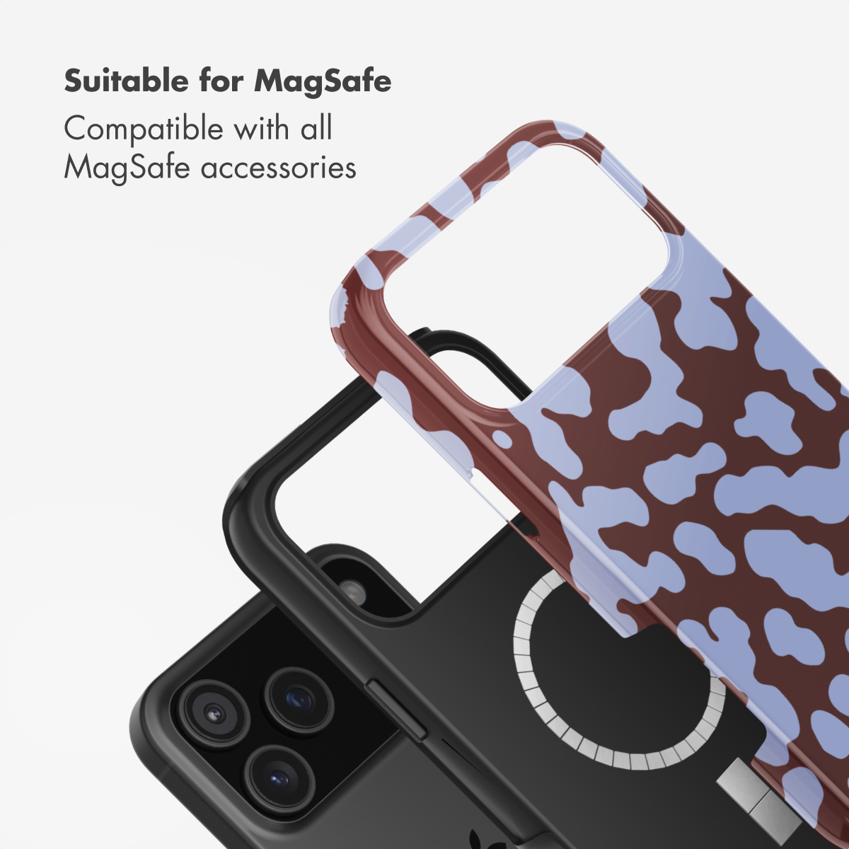 Zwei Smartphone-Hüllen, eine in schlichtem Schwarz mit MagSafe-Ring und eine mit blau-braunem Kuhmuster.