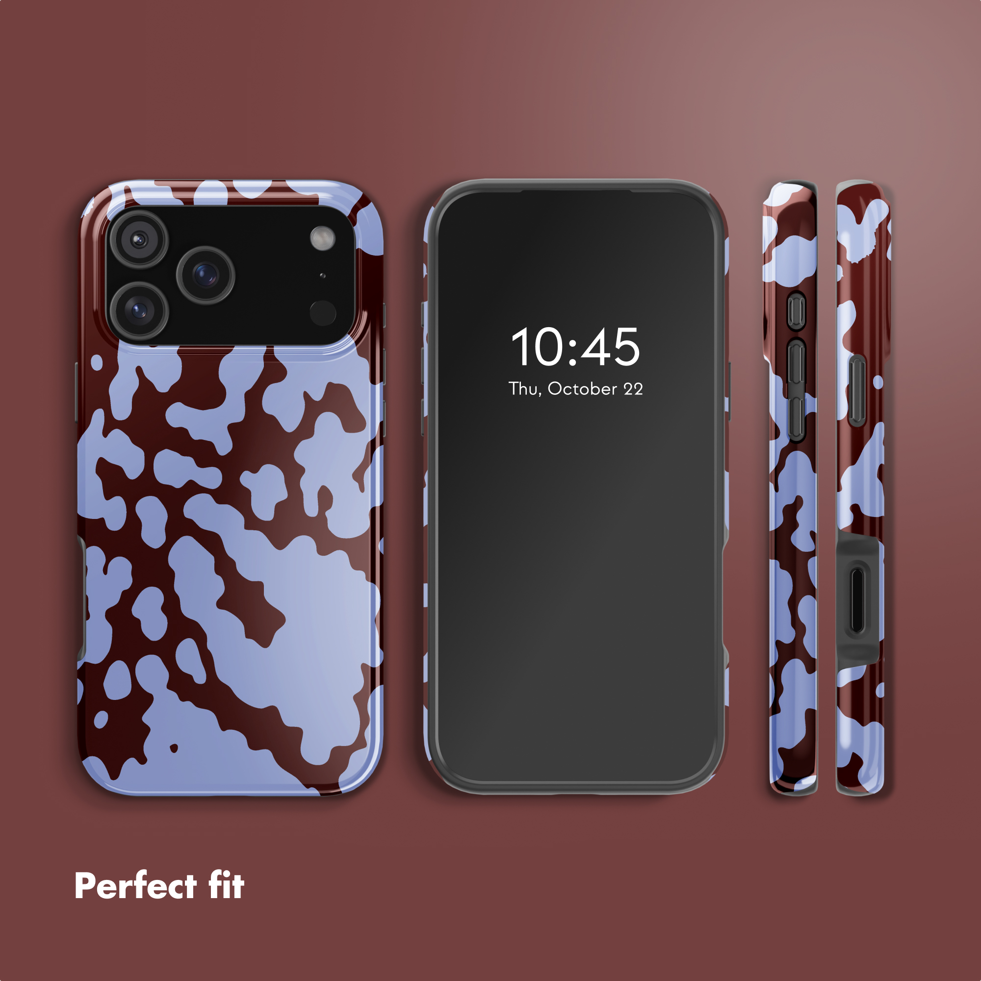 Ein Smartphone in blau-brauner Tarnhülle, aus mehreren Blickwinkeln mit dem Text 'Perfekter Sitz'.