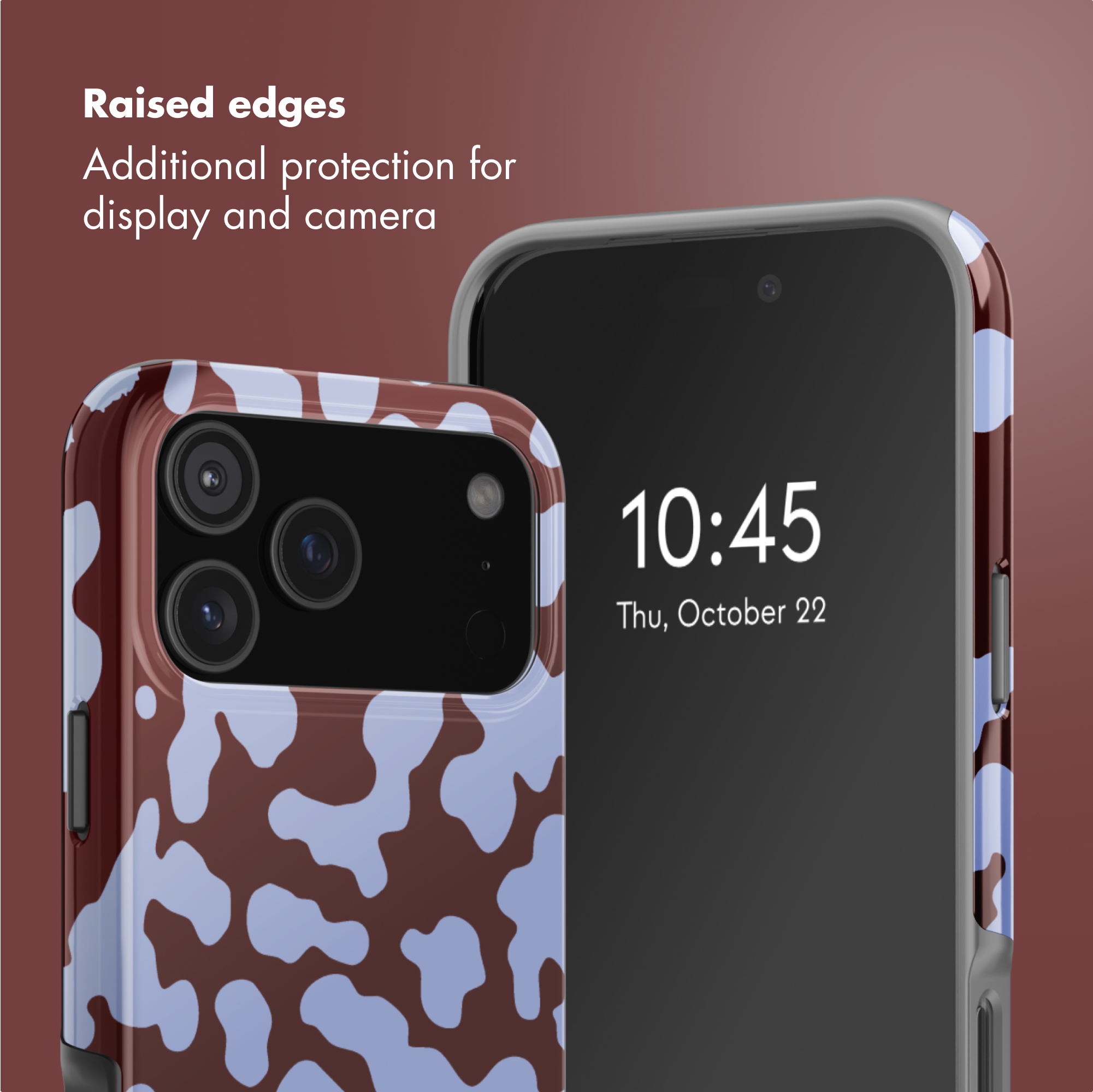 Smartphone in einer Hülle mit braun-blauem Fleckenmuster vor einem braunen Hintergrund.