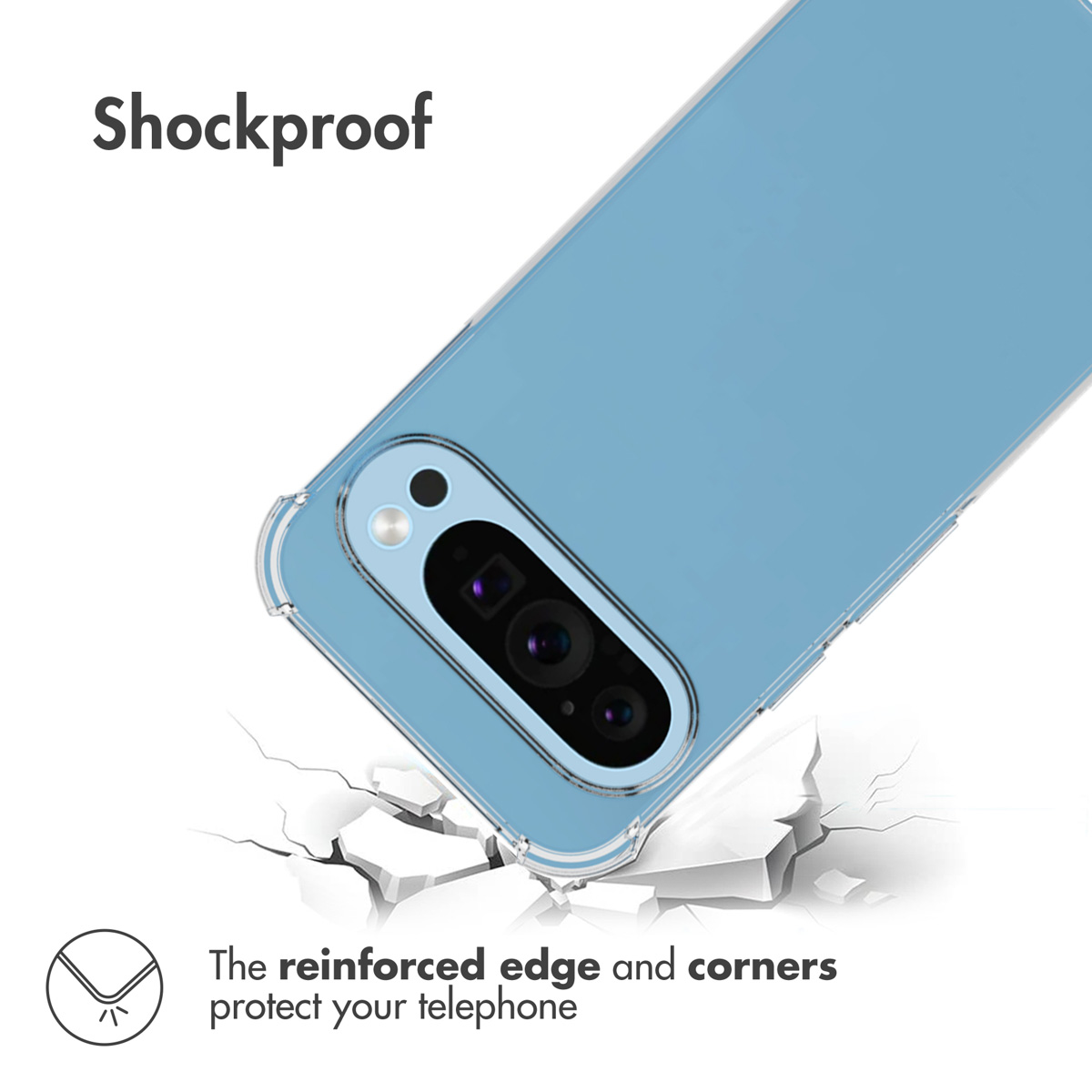 Custodia blu con angoli rinforzati su sfondo incrinato, testo "Shockproof".