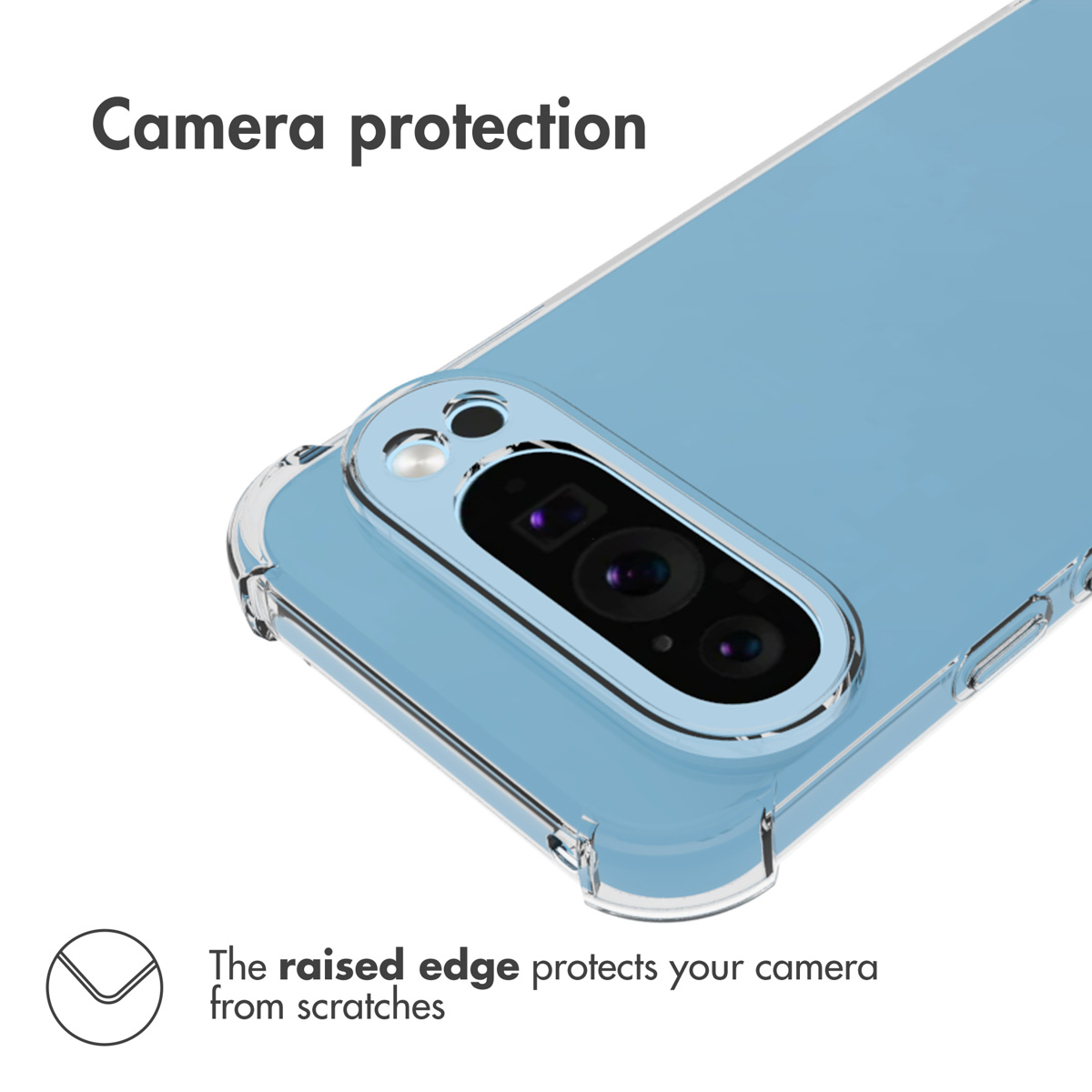 Una custodia azzurra con bordo rialzato per proteggere la fotocamera.