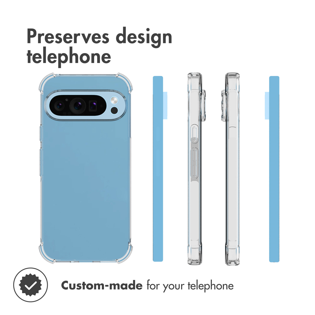 Custodia protettiva trasparente per uno smartphone azzurro, che mostra varie angolazioni con tasti e fotocamera.