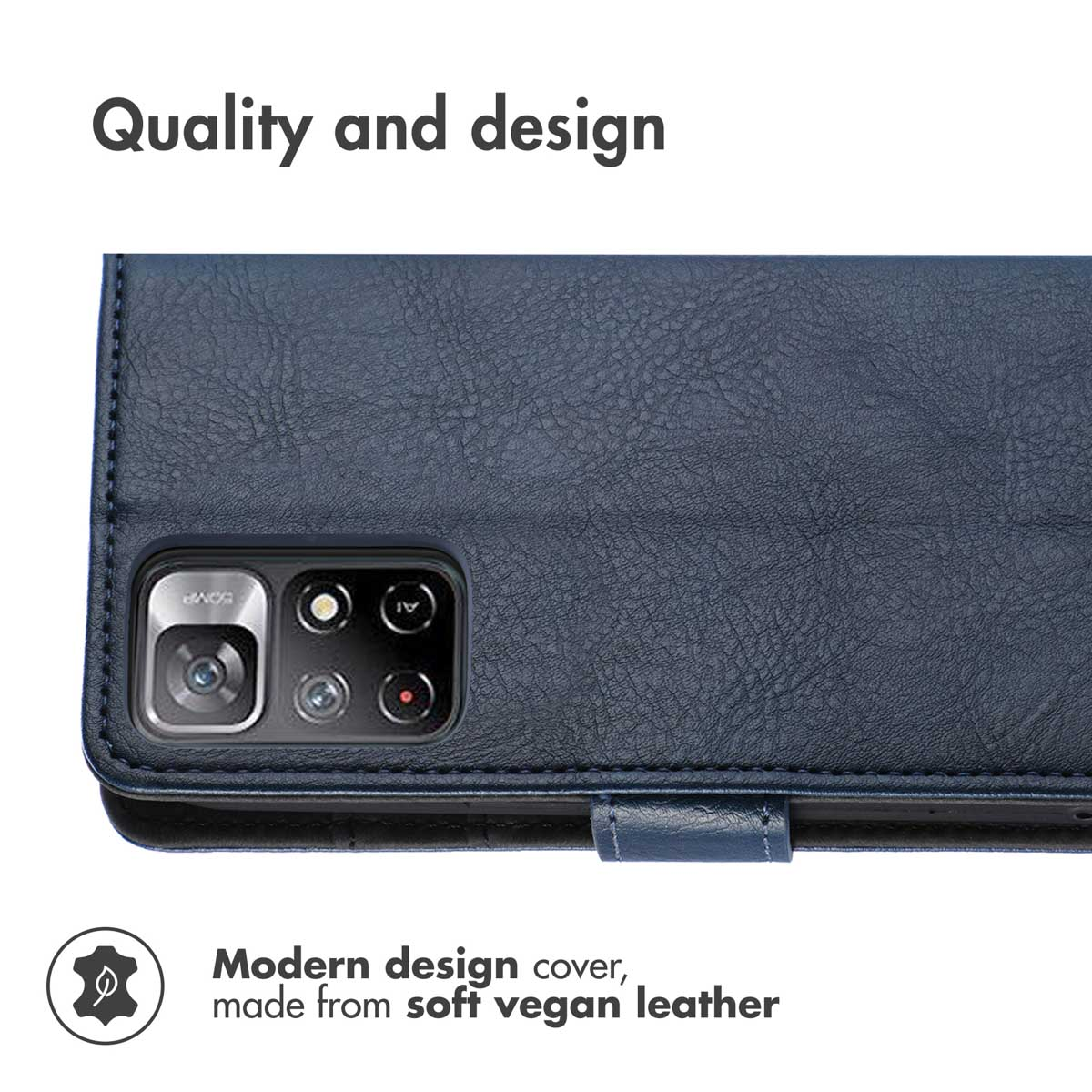 Custodia per telefono in pelle vegana blu con ritaglio per fotocamera e scritta qualità e design.