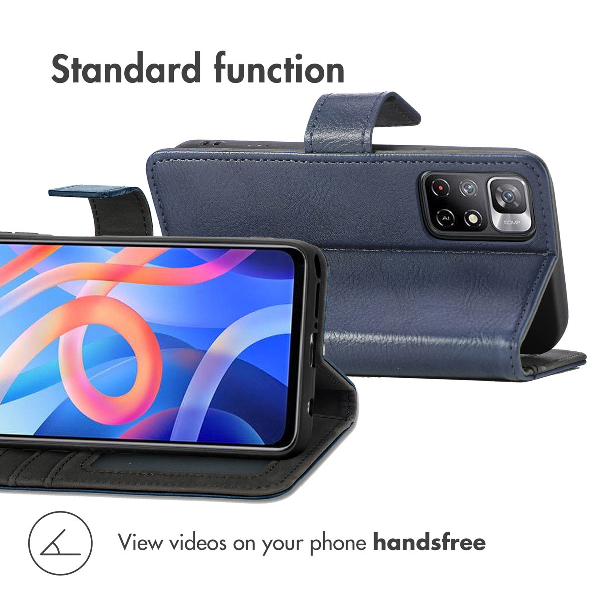 Una custodia a portafoglio in pelle blu scuro per smartphone con supporto.