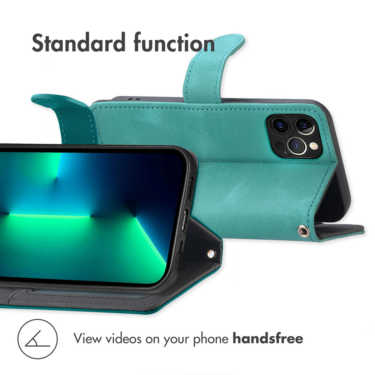 Türkisfarbene Handyhülle im Standdesign mit Telefon.