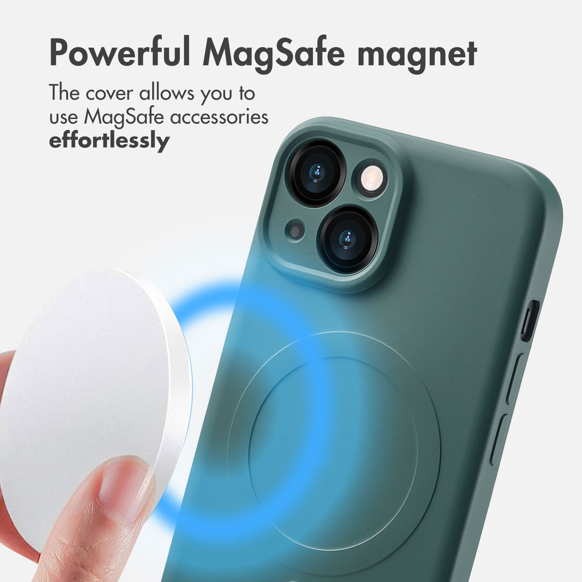 Zielone etui na telefon z magnesem MagSafe i tekstem.