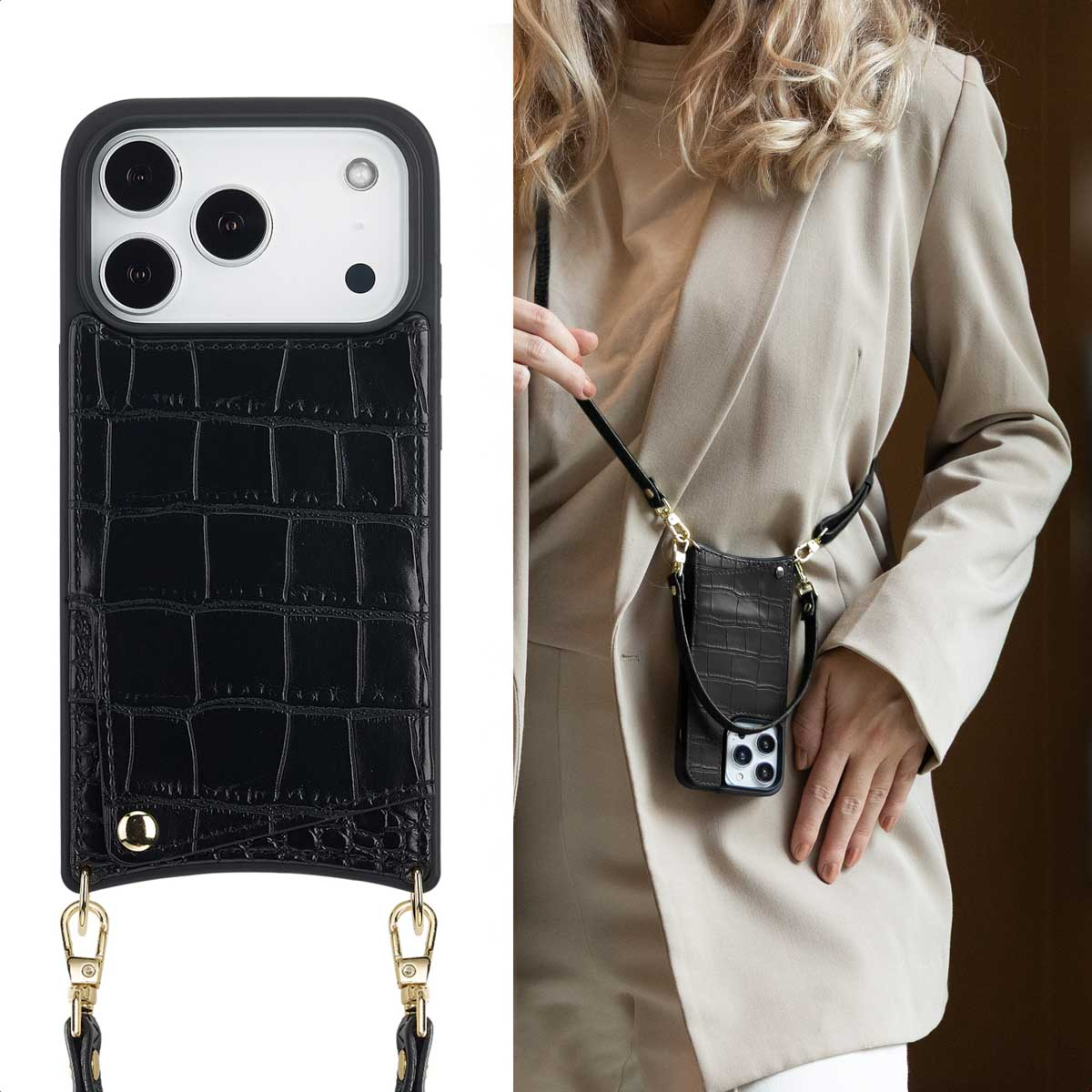 Funda de teléfono negra con textura de cocodrilo y correa, vista de cerca a la izquierda y llevada por una mujer a la derecha.