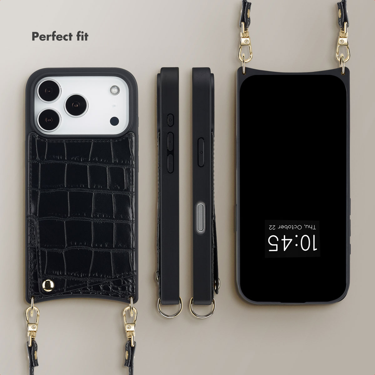 Funda de móvil negra de cocodrilo con detalles dorados y correa, vista desde varios ángulos.