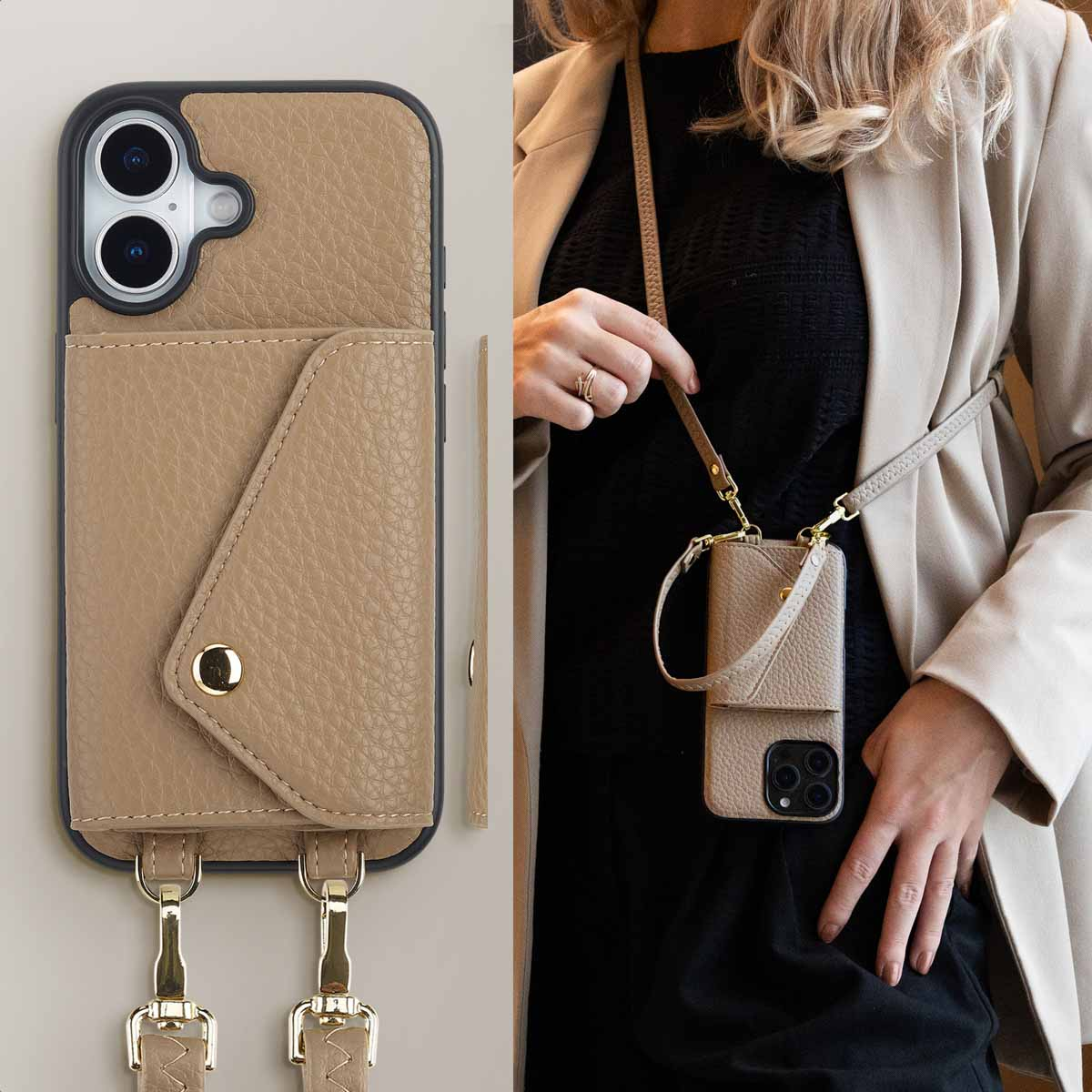 Custodia per telefono beige con tasca e tracolla lunga, indossata da una persona.