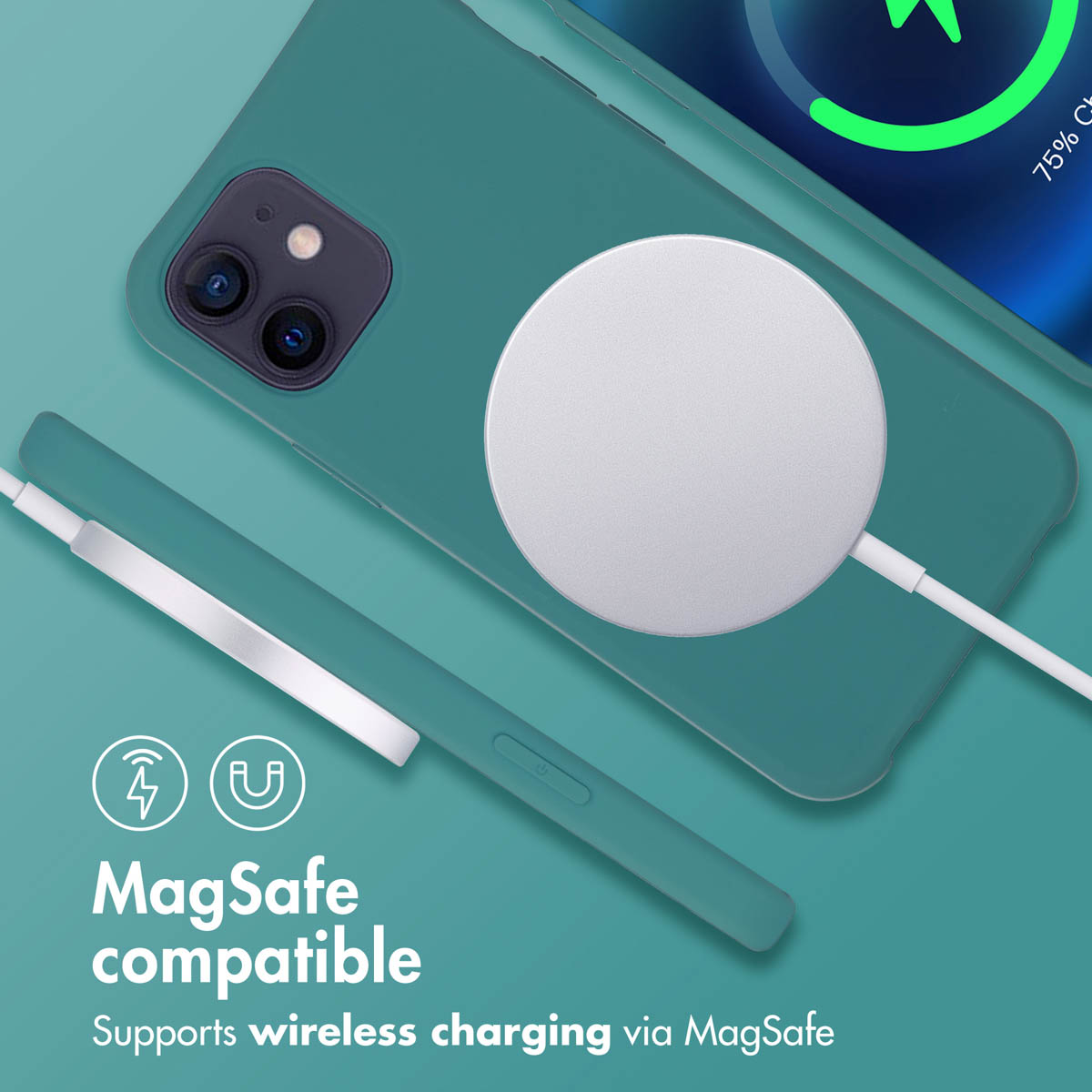 Custodia per telefono MagSafe verde con caricabatterie wireless su sfondo verde.