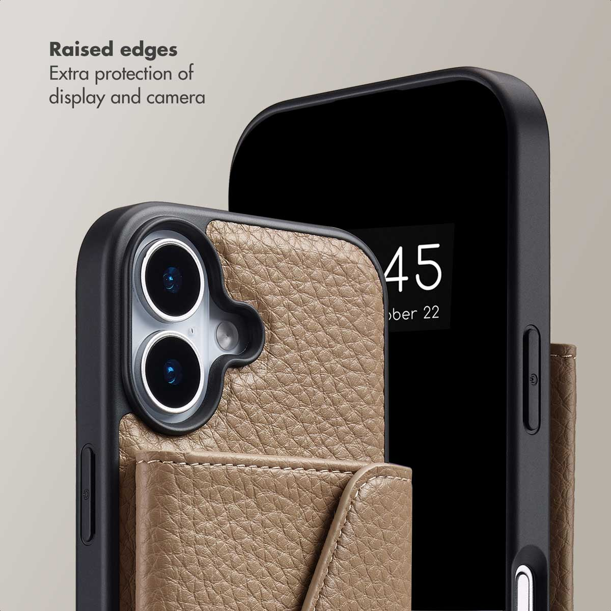 Custodia per telefono con porta carte in pelle e bordi rialzati per protezione schermo e fotocamera.