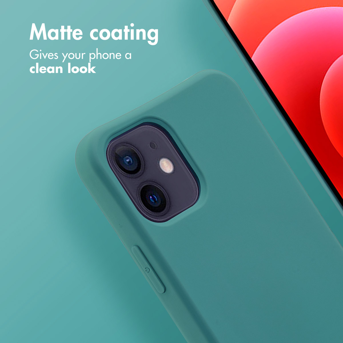Uno smartphone in una custodia protettiva verde opaco con doppia fotocamera, testo in alto.