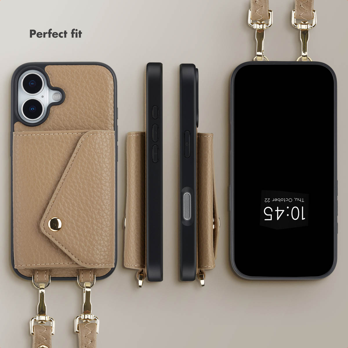 Custodia per telefono in pelle beige con tasca per carte, tracolla staccabile e viste angolari.
