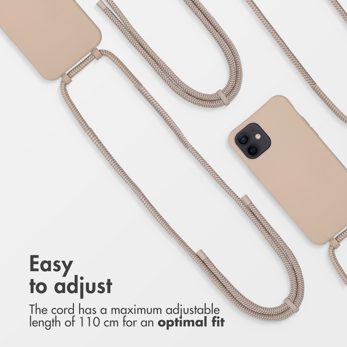 Custodia per telefono beige con cordino regolabile su sfondo chiaro.