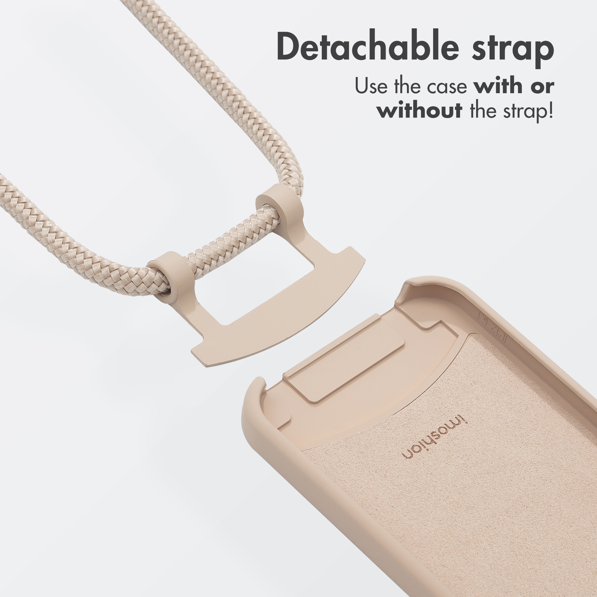 Custodia per telefono beige con cinturino in tessuto rimovibile.