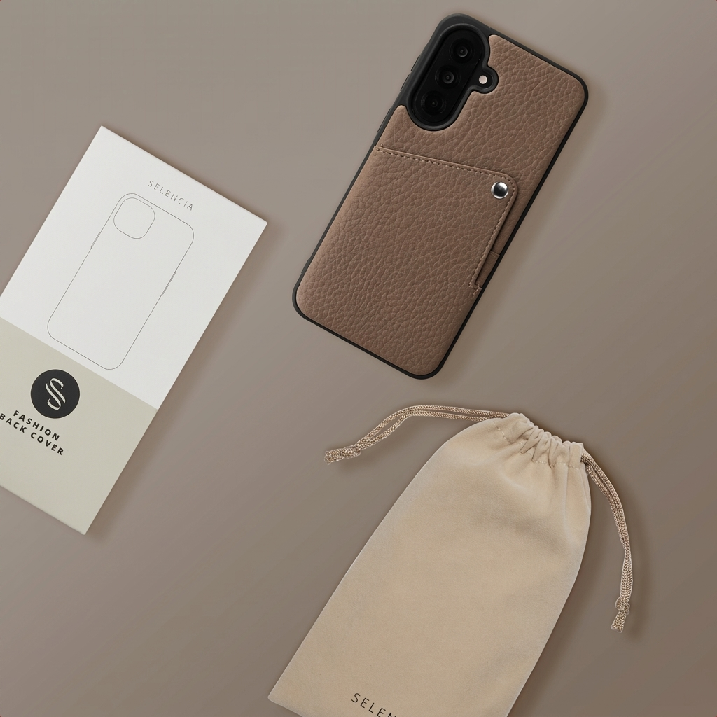 Eine braune Leder-Handyhülle, ein passender Beutel und Verpackung auf neutralem Grund.