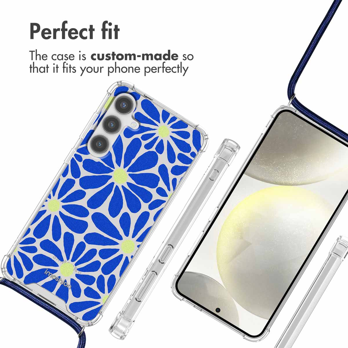 Un smartphone dans une coque transparente avec un motif floral bleu et blanc et une lanière.