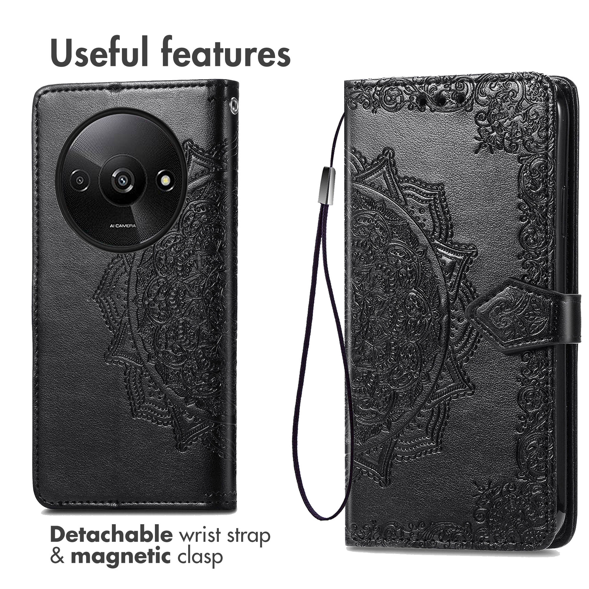 Custodia per telefono in pelle nera con goffratura mandala, cinturino e chiusura magnetica.