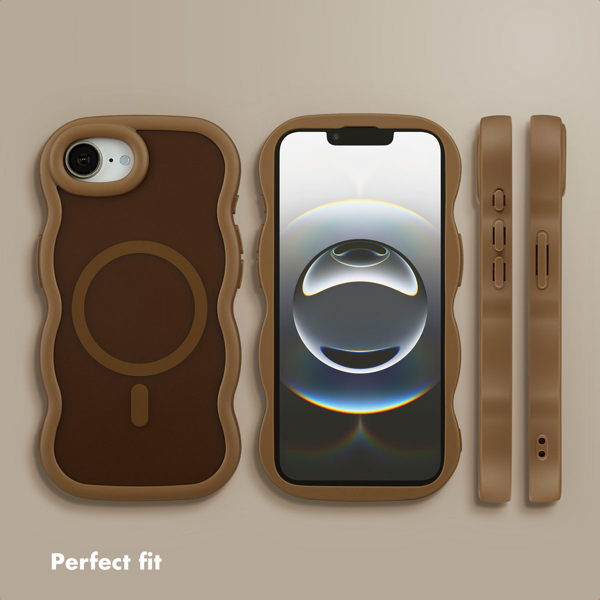 Coque de smartphone marron ondulée avec MagSafe présentée sous plusieurs angles.