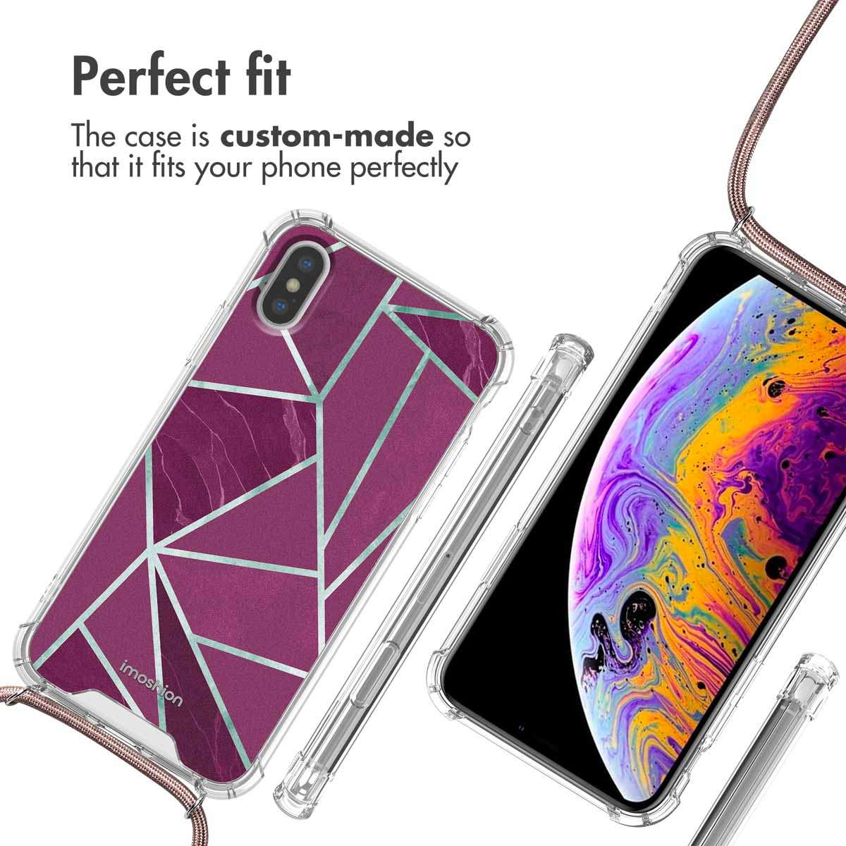 Una custodia per telefono con motivo geometrico, cordino e testo.