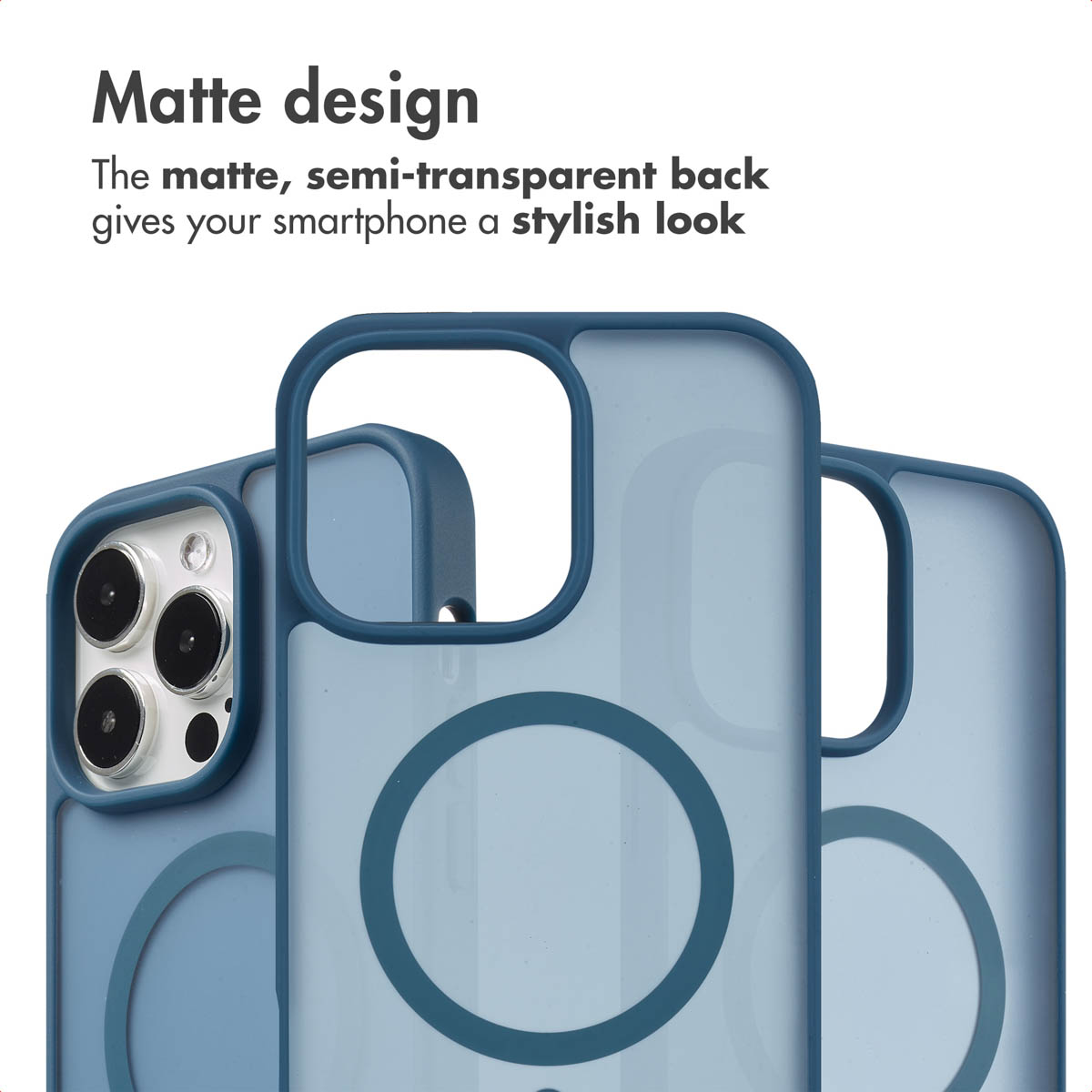 Drei blaue, matte Smartphone-Hüllen mit MagSafe-Ring und Text oben.