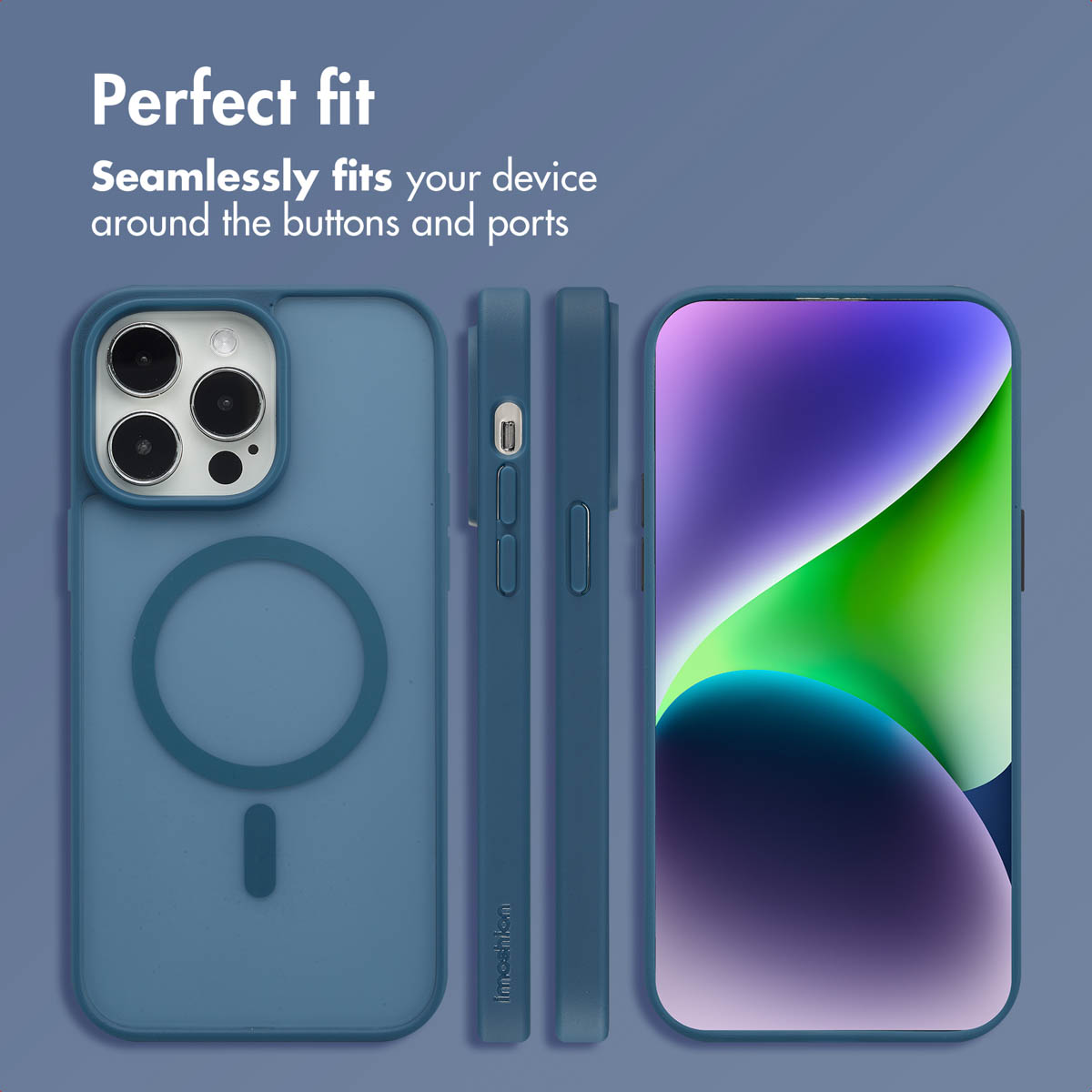 Blaue Smartphone-Hülle mit MagSafe gezeigt von verschiedenen Seiten mit Text Perfect fit.