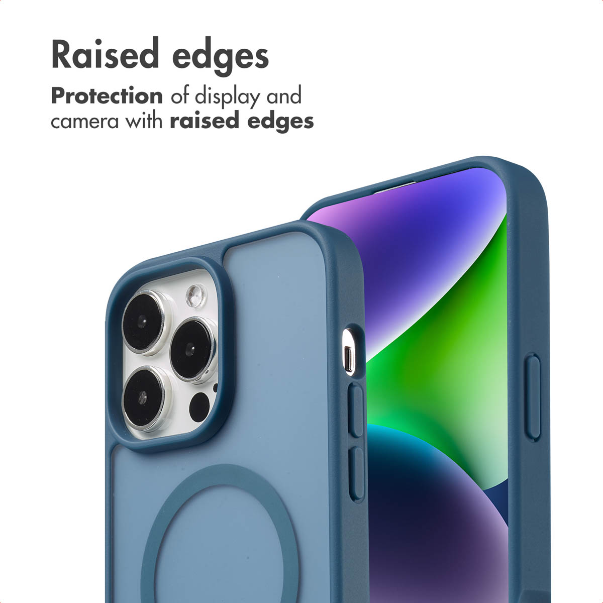 Blaue Smartphone-Hülle mit erhöhtem Rand zum Schutz von Display und Kamera.
