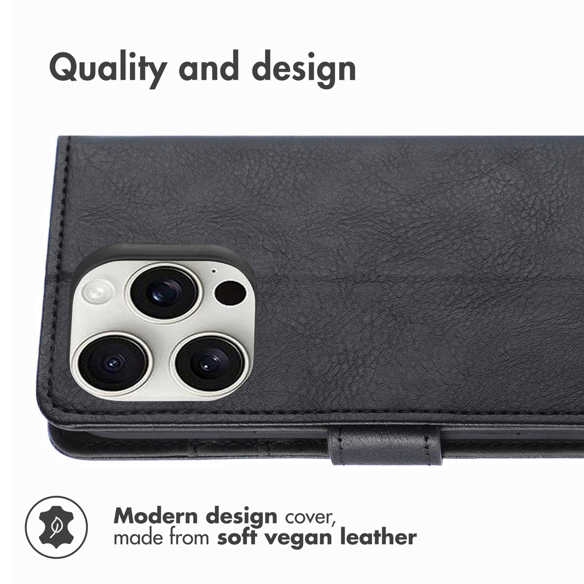 Coque de téléphone en cuir végétalien noir avec découpe pour appareil photo.