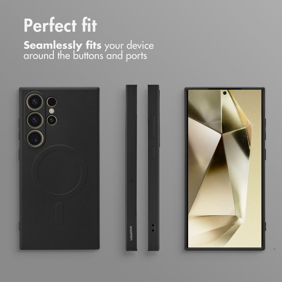 Coque de téléphone noire présentée sous plusieurs angles avec du texte.