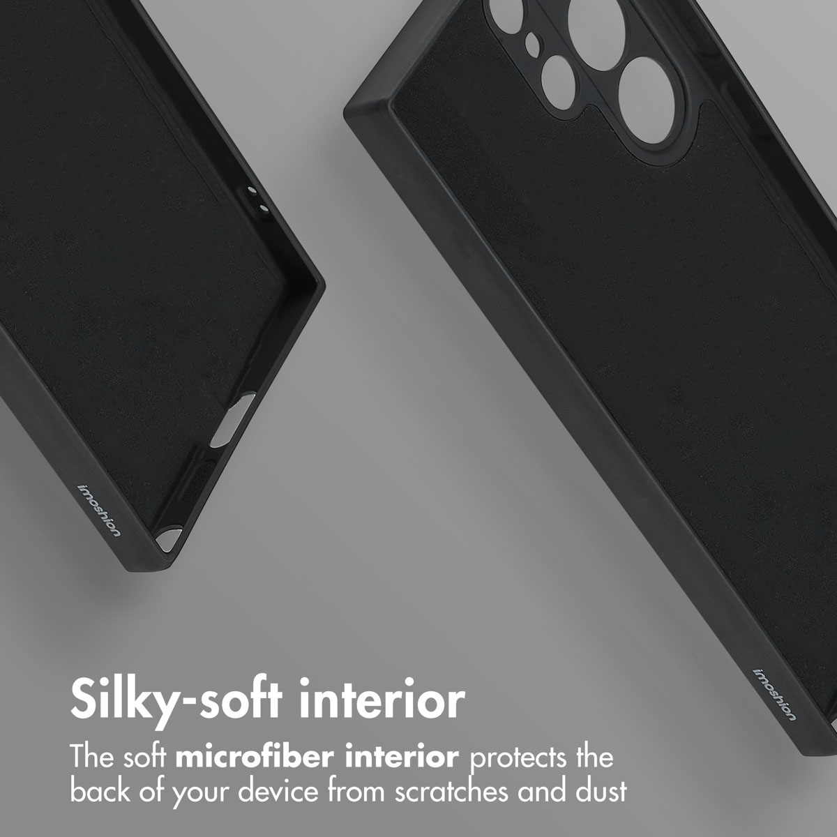 Deux coques de téléphone noires sur fond gris avec du texte sur l'intérieur doux.