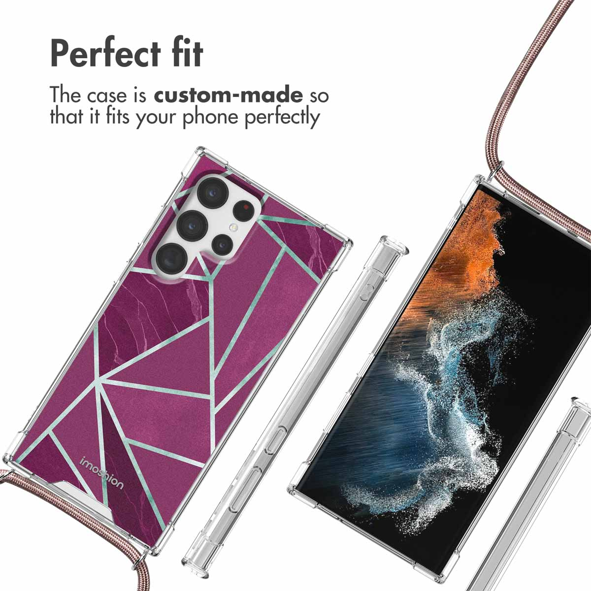 Coque de téléphone avec motif géométrique, sangle et texte.
