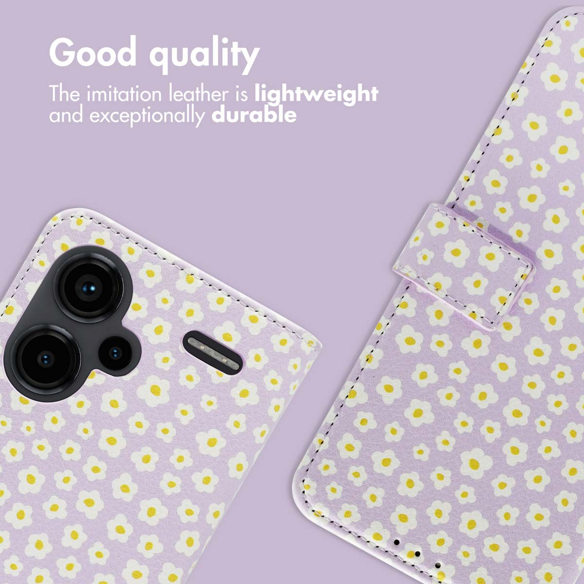 Funda de teléfono de piel sintética morada con patrón de margaritas blancas y amarillas sobre fondo morado claro.