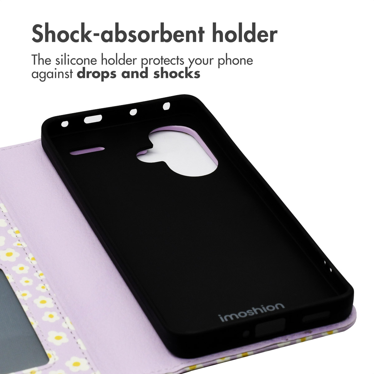 Una funda para teléfono morada con margaritas blancas y soporte de silicona negra.