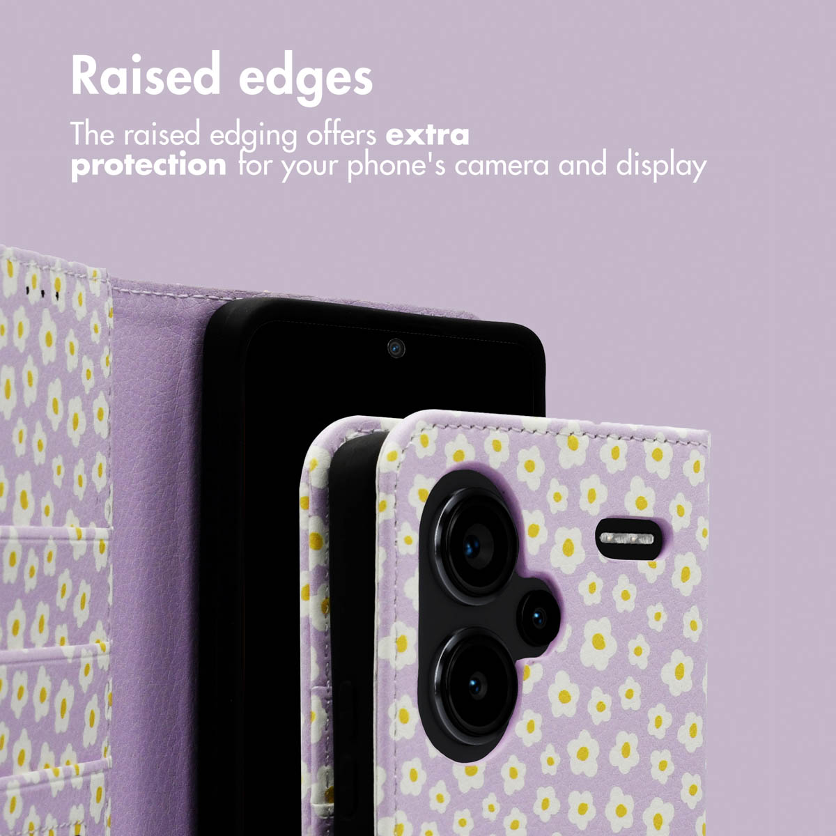 Funda de móvil morada con margaritas amarillas que muestra bordes elevados para protección.