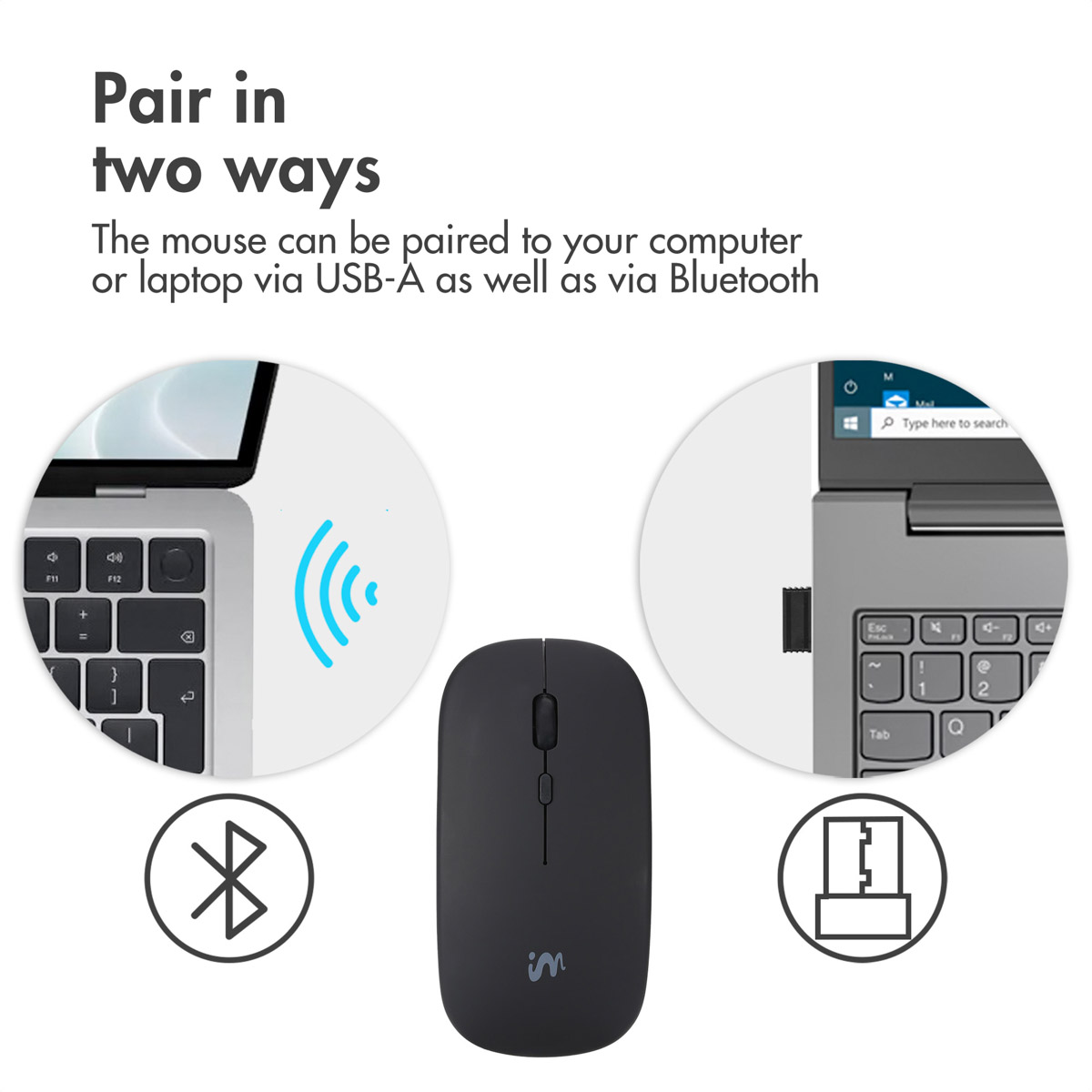Eine schwarze kabellose Maus kann über Bluetooth oder einen USB-A-Empfänger mit einem Computer verbunden werden.