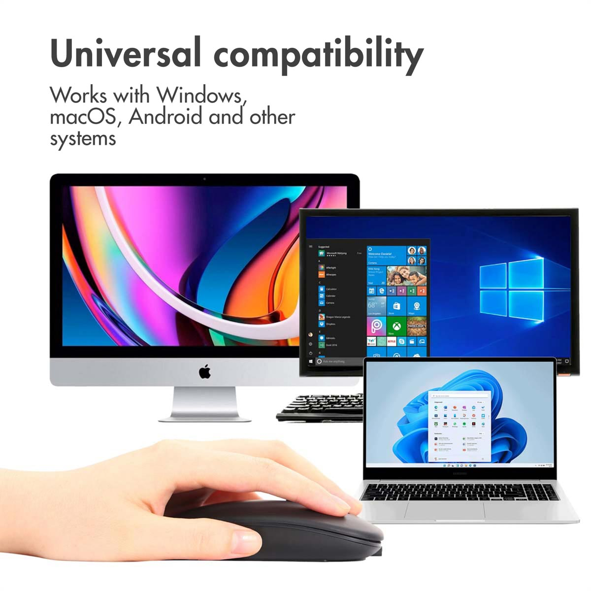 Eine Hand bedient eine Maus vor einem Mac, Windows-Monitor und Laptop. Text: Universelle Kompatibilität.